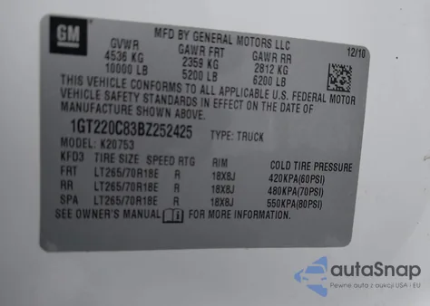 2011 GMC Sierra 2500Hd Sle z USA, uszkodzony, nr VIN 1GT220C83BZ252425